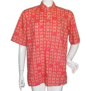 REYN SPOONER Pullover Shirt, L, Red/Butterfly print, Pocket, Collar, Nude tag
